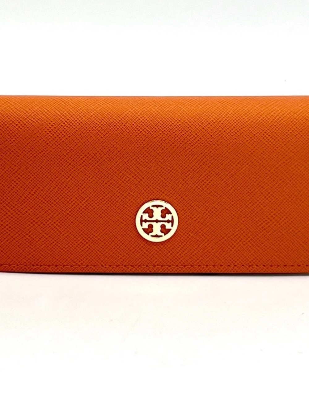 Tory Burch Orange Saffiano Continental Case for glasses with Gold Logo